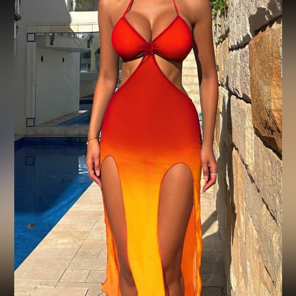 Cut Out Split Thigh Halter Neck Backless Mesh Overlay Cover Up Dress